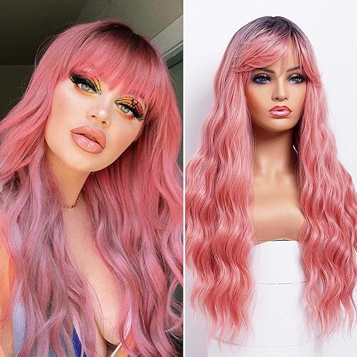 ANDRIA Pink Wig with Bangs Ombre Pink Color Wig Wet and Wavy Long Loose Curly Wave Synthetic Heat Resistant Fiber Hair Pink Wigs for Women 26 Inch