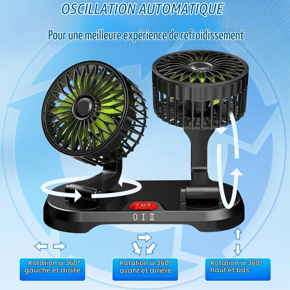 Auto-Ventilateur, 12V Double Tête Ventilateur Auto, Ventilateur Voiture avec Rotation 360° et 2 Vitesses – Se branche sur l'allume-cigare pour SUV, camping-cars, quads et bateaux