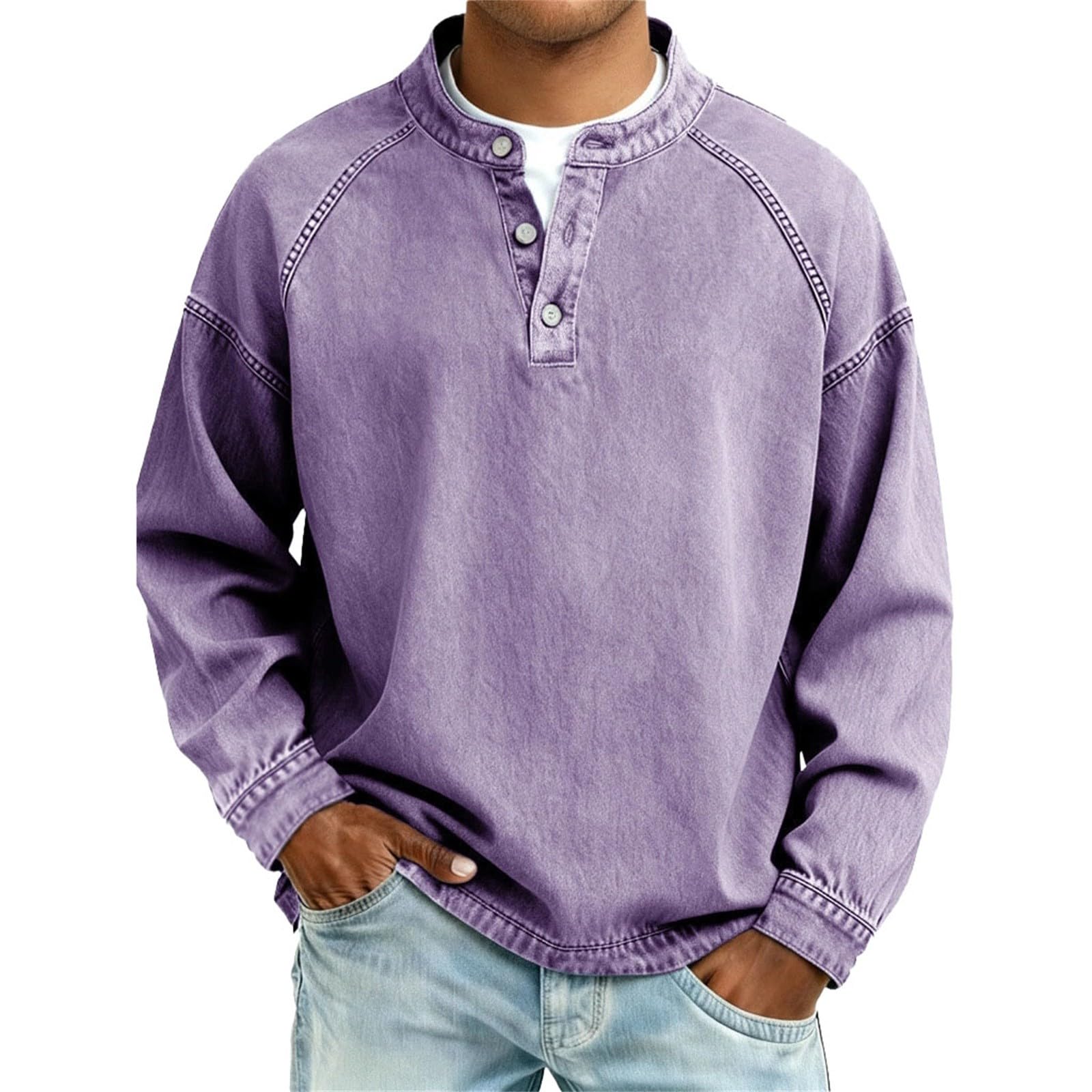 Camicia da uomo vintage Henley Basic a maniche lunghe, tinta unita, per il tempo libero, con abbottonatura, look slavato, per stile casual, regalo per uomini