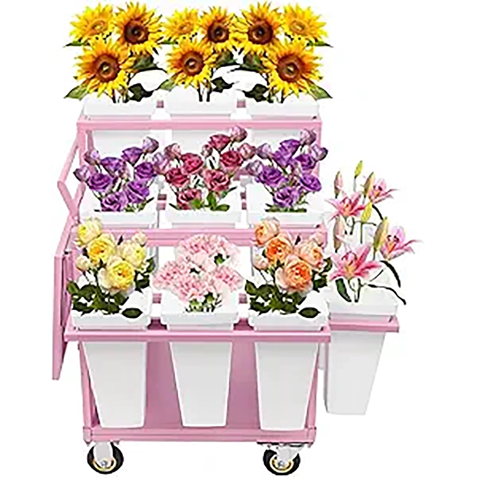 DFGHNBVC 6-Tier Rolling Flower Cart With 18 Buckets, Mobile Florist Display Rack, Metal Garden Plant Stand For Outdoor Bouquet Arrangements,Pink