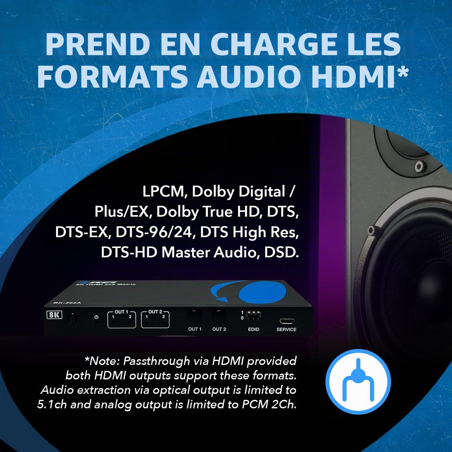 OREI Commutateur matriciel HDMI 8K 2 x 2, commutateur avec extracteur Audio UltraHD Prend en Charge jusqu'à 4K @ 120 Hz IR EDID HDCP 2.3 – Télécommande (BK-202A) (2 x 2 – Sortie Audio)