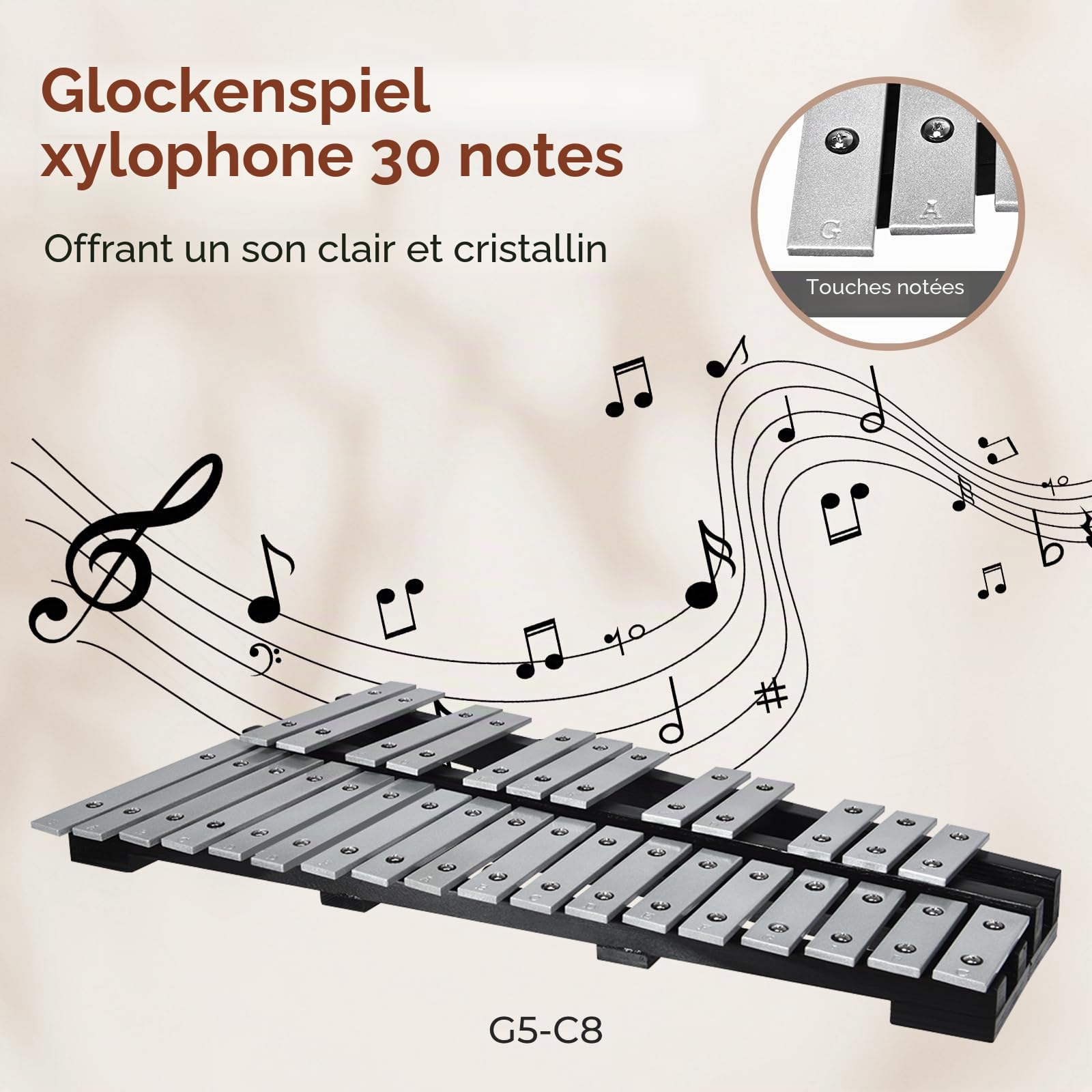 KOMFOTTEU Xylophone de 30 notes, instrument de percussion avec touches en aluminium et 2 maillets, carillon enfant avec sac de transport, instrument de musique pour enfants et adultes