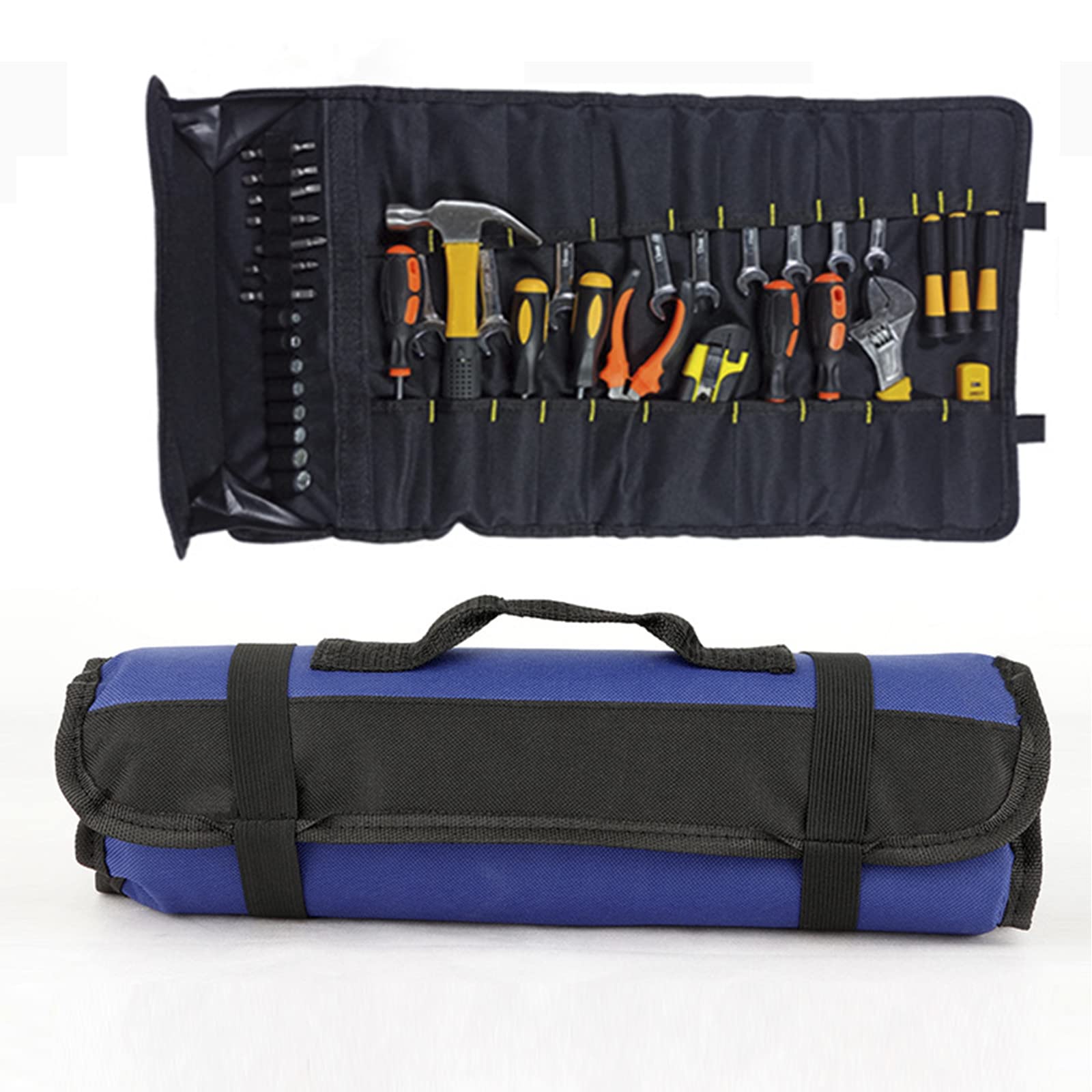 Sac à outils enroulable bleu compact avec 22 pochettes de rangement pour clés