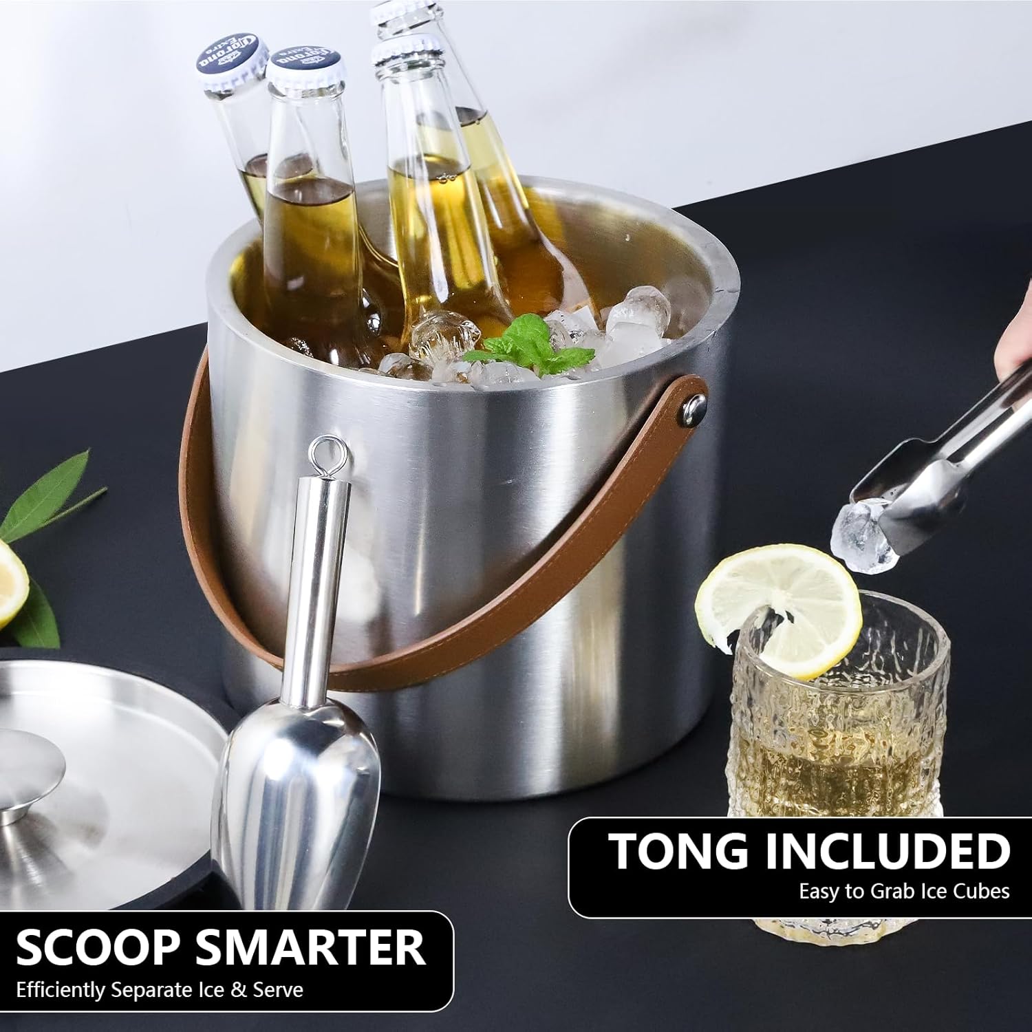 4L Ice Bucket with Lid, Scoop,Tongs & Strainer, Stainless Steel Double Wall Insulated Ice Buckets for Parties & Cocktail Bar, Large Outdoor Champagne Ice Container, Light Brown Handle - Image 3
