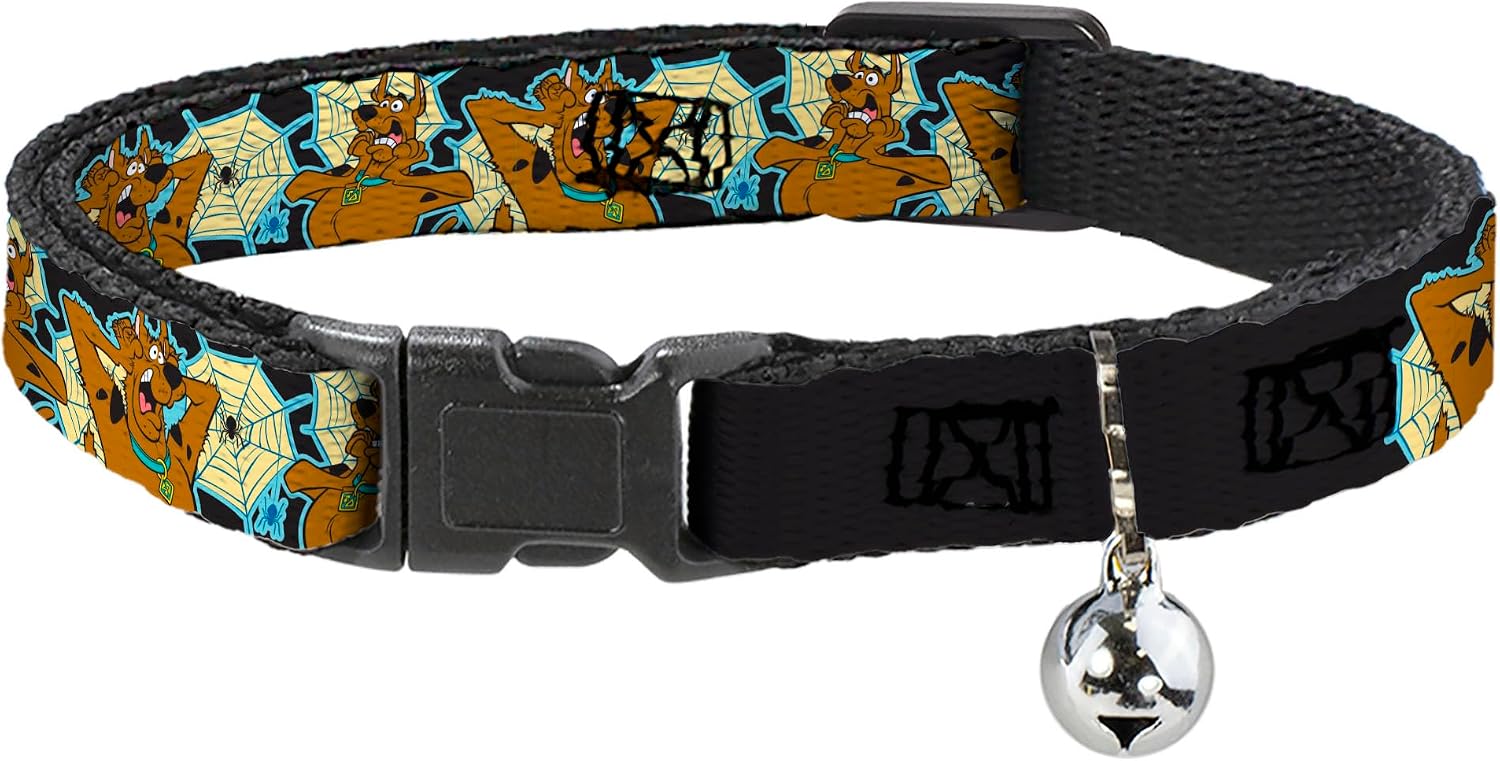 Scooby Doo Breakaway Cat Collar | Scooby Doo Scared Spider Web Poses Black Durable Adjustable Bell ID Tag Ring