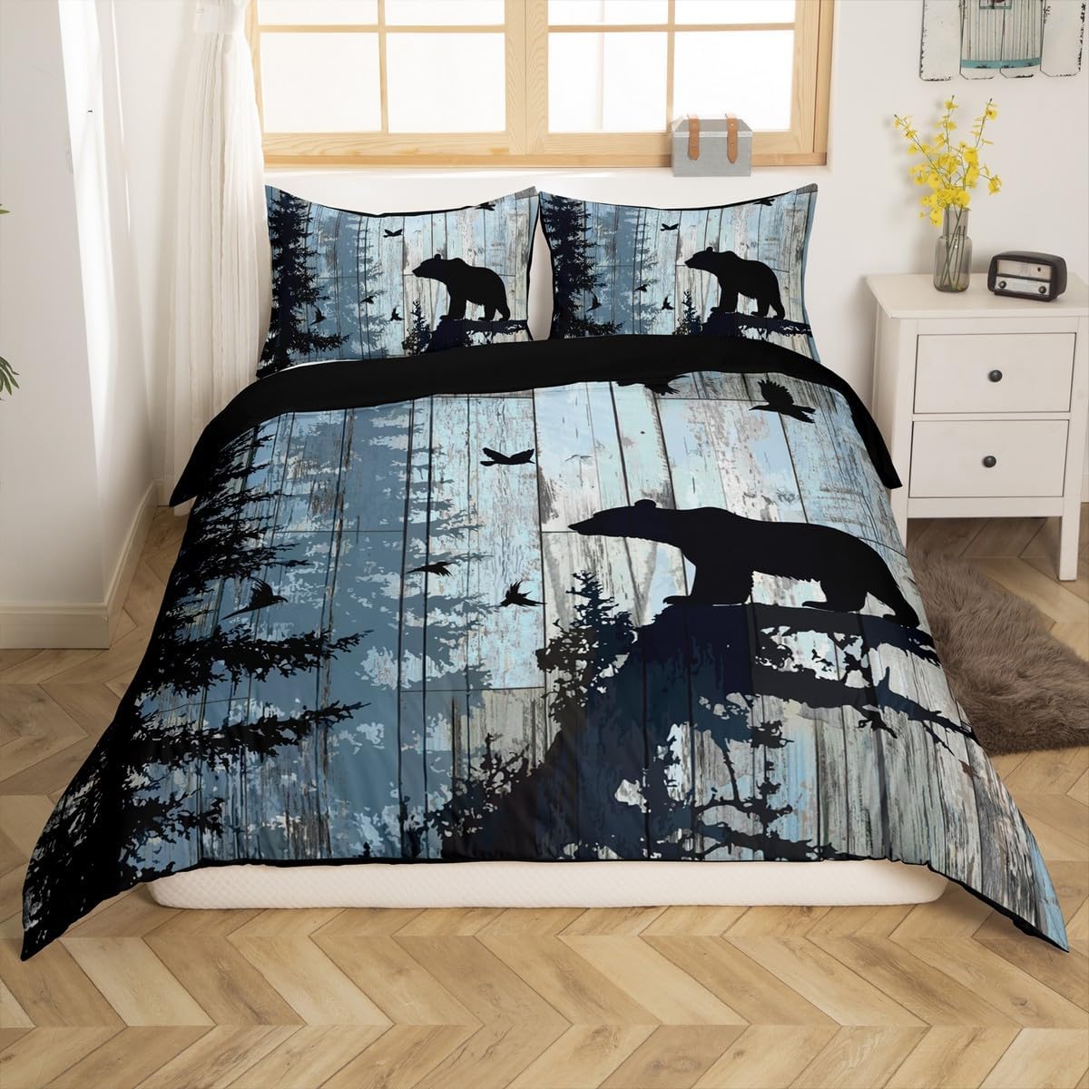 Feelyou Kids Rustic Bear Bedding Set Toddler Size, Black Bear Comforter Cover Boys Girls Cabin Country Duvet Cover Wild Animal Teens Bedroom Decor Bed Set with 1 Pillow Case (No Comforter)
