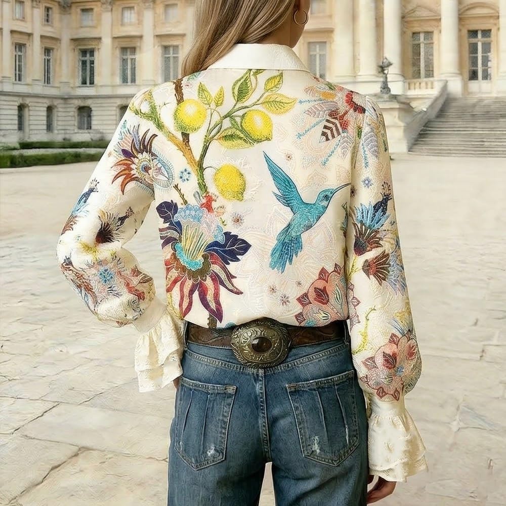 Women's Boho Paisley Blouse Western Floral Print Top Ruffled Cuff Long Sleeve Button-Down Shirt