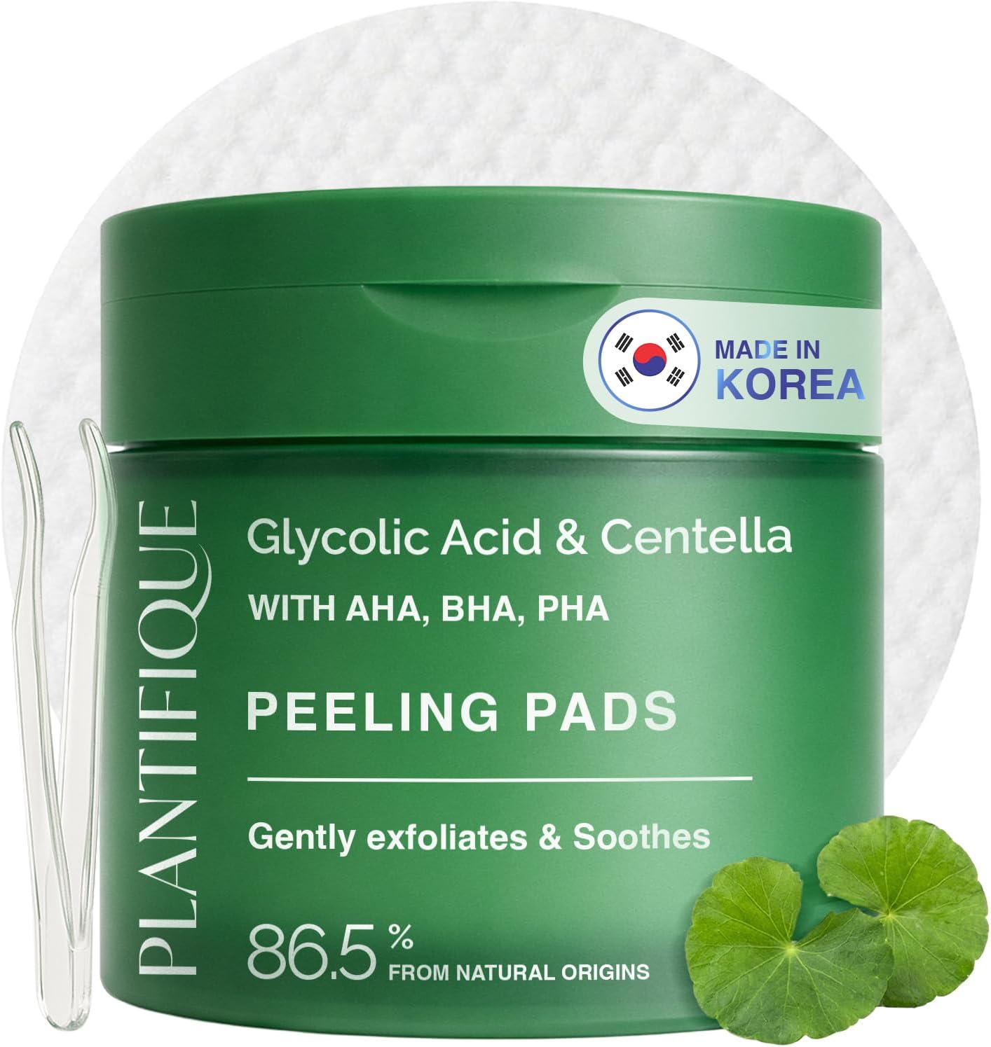 PLANTIFIQUE Korean Glycolic Acid Pads with Centella & Niacinamide, 60 Pcs | AHA, BHA, PHA Exfoliating Toner Pads for Gentle Skin Renewal, Pore Cleansing & Calming - Refillable Container