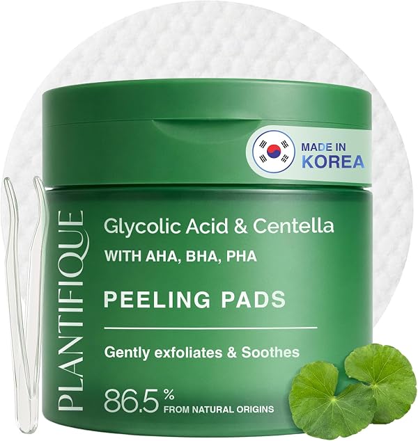 PLANTIFIQUE Korean Glycolic Acid Toner Pads 60 Pcs with Niacinamide, CICA - AHA BHA PHA Face Daily Peel Exfoliating Pads Formula for Gentle Skin Renewal for All Skin Types - Refillable Container