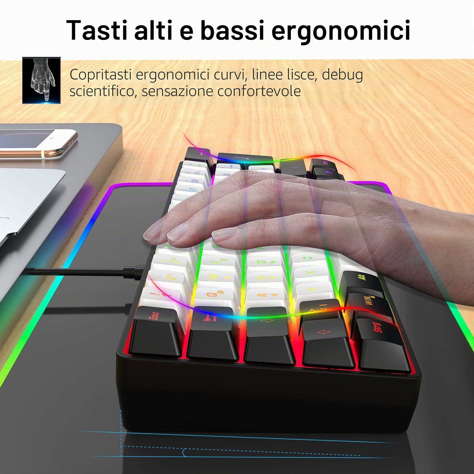 Snpurdiri 60% Tastiera da Gaming Cablata, Mini Piccola, Tastiera Compatta RGB Portatile per PC, Mac, Ufficio, Gaming (61 Tasti, Alfabeto Tedesco, Nero e Bianco)