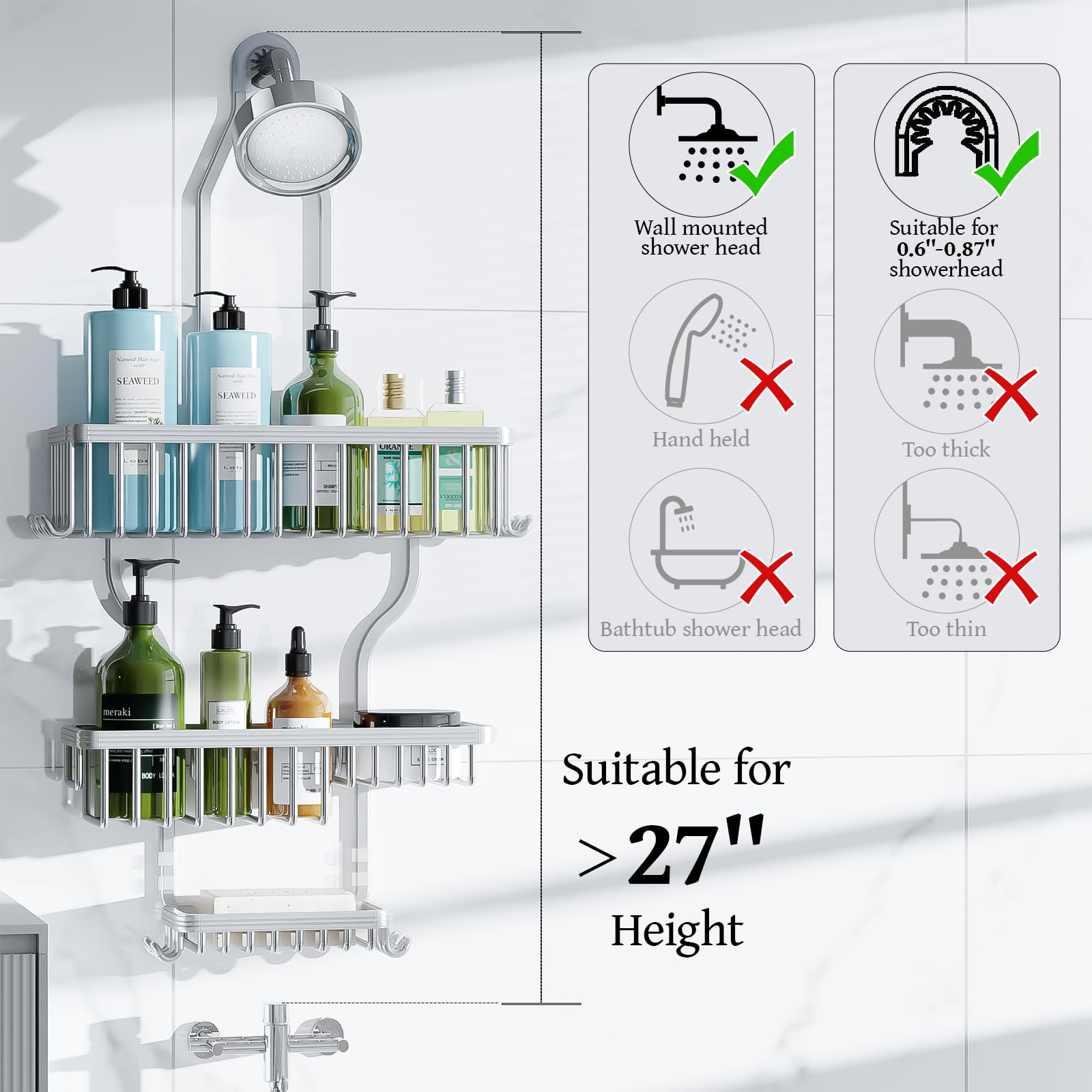 3-Tier Aluminum Shower Caddy with Hooks and Soap Holder T708