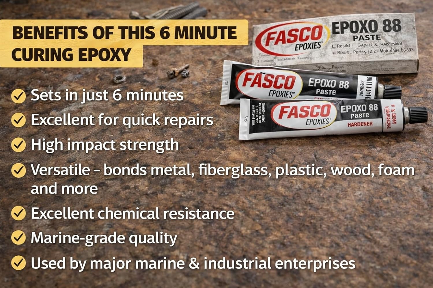Fasco Epoxo-88 | 6min Set Epoxy Paste Superflex Adhesive Glue Grey 18oz Tube kit