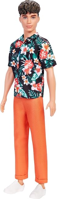 Barbie Ken Fashionistas Doll #184 - Hawaiian Shirt & Orange Trousers - Brown Hair - Deck Shoes - Reusable Vinyl Carrying Bag - Gift for Kids 3+