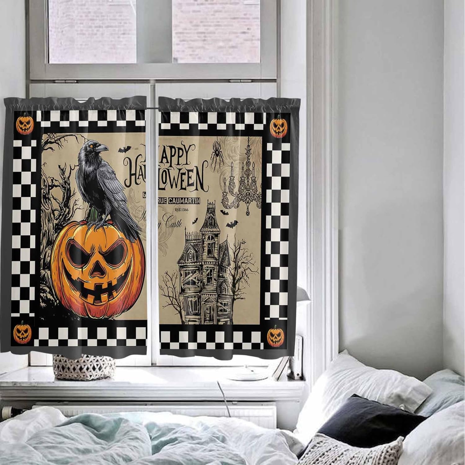 Halloween Evil Pumpkin Kitchen Curtains, Horror Black Crow Castle Vintage Plaid Light Filtering Window Curtain, 2Pcs Rod Pocket Window Treatments Set for Study Room Bathroom Bedroom 52x54 Inches