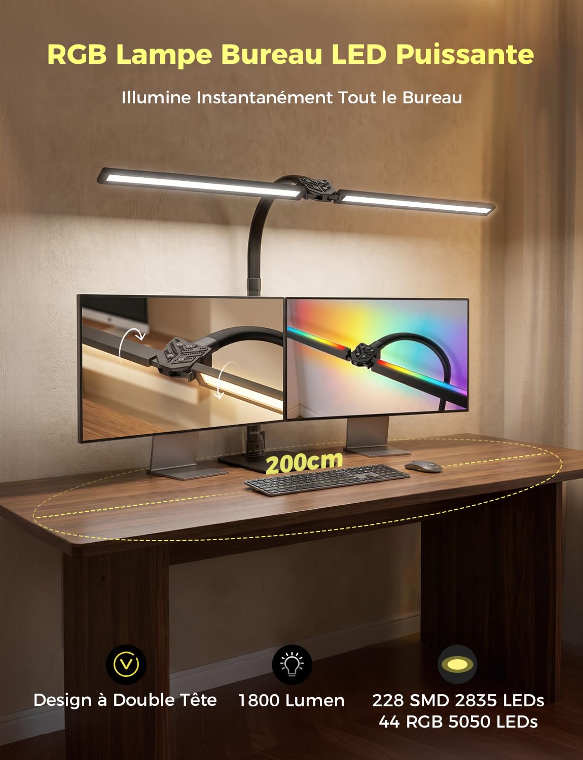 Lampe de Bureau Puissante RGB à Double Tête 1800LM Dimmable,Ocle Métallique