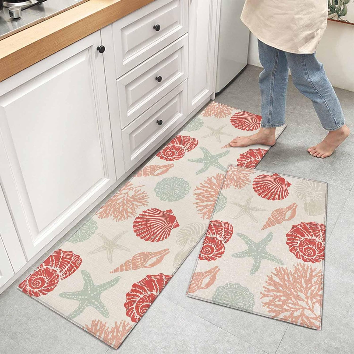Kitchen Mats for Floor Red Seashells Starfish Washable Non Slip Kitchen Rugs 2PCS, Marine Life on Retro Linen Absorbent Standing Mats for Sink Bathroom Office Living Room 15.7x23.6in+15.7x47.2in