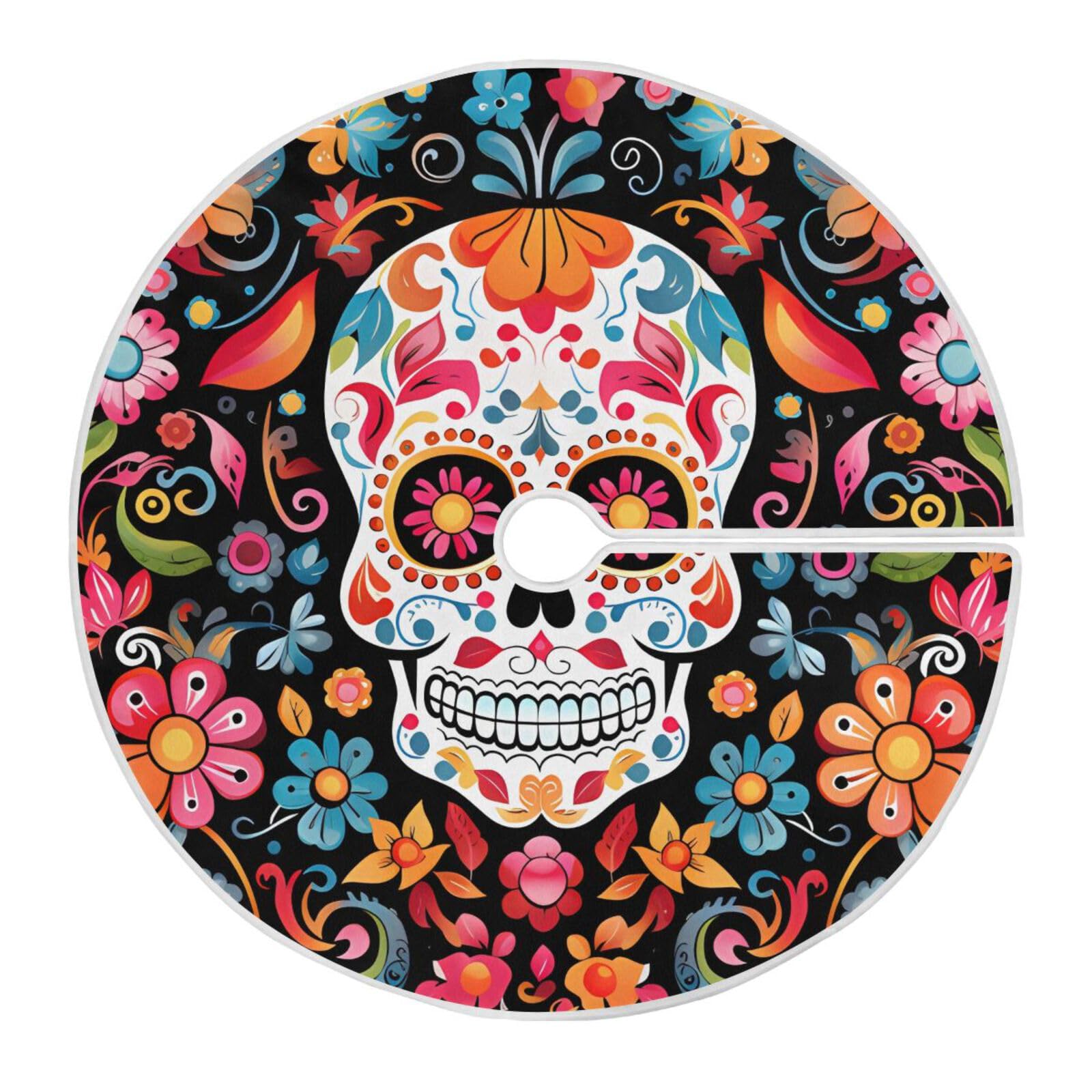 Christmas Tree Skirt Skull Day Of The Dead Xmas Tree Ornaments Christmas Tree Mat for Decorations Holiday Party 90cm