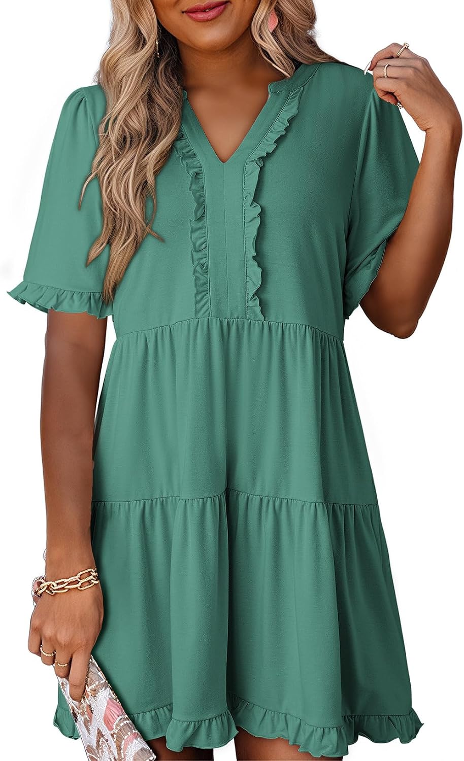  Womens Summer Dresses 2026 V Neck A Line Short Sleeve Casual Ruffle Babydoll Mini Dress