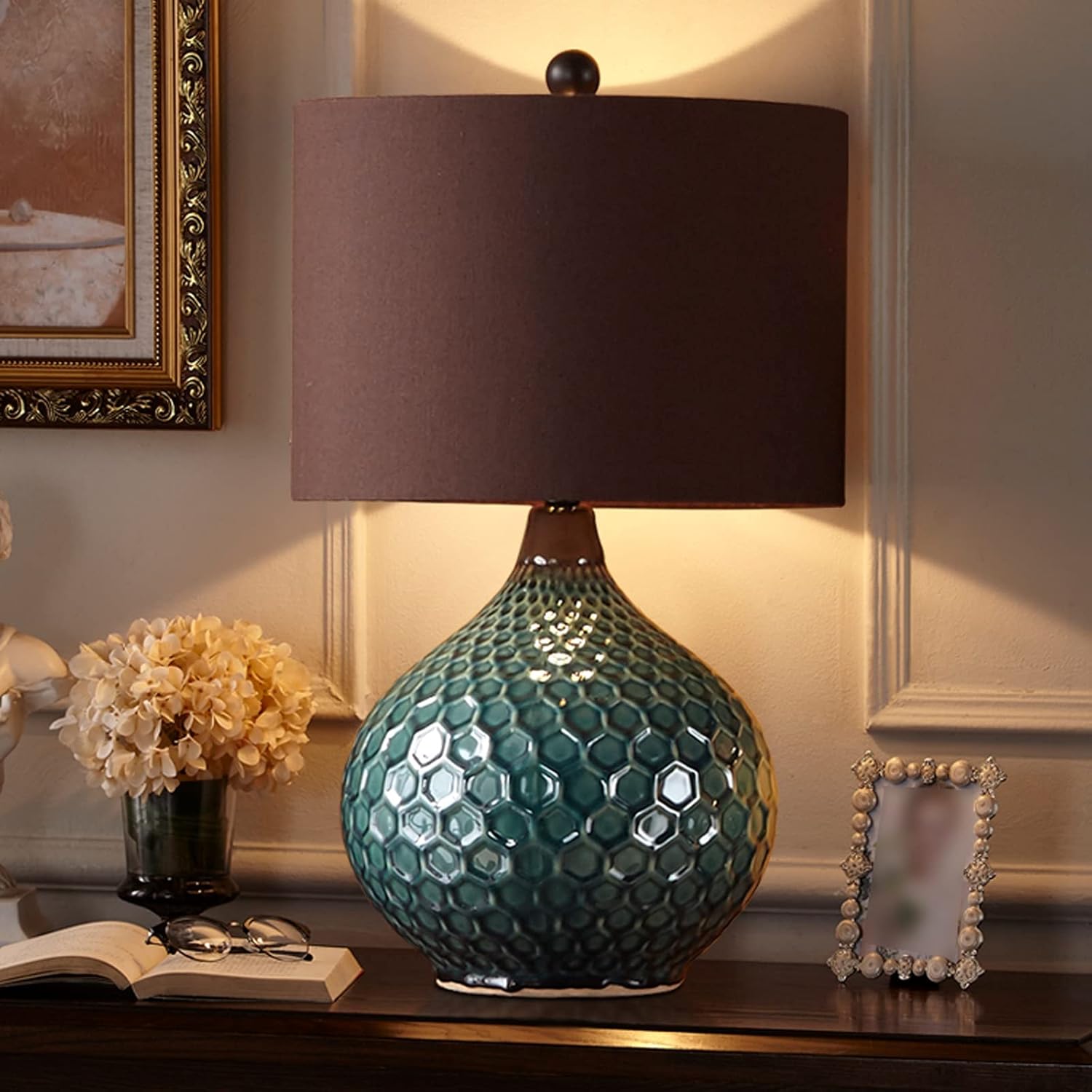 Table Lamp Retro Green Lamps Ceramics Bedside Table Lamps with Fabric Lampshade American Style Ice Crack Nightstand Lamps for Home Office, 22"H Bedside Table Lamp Lamps For Night Stands ( Color : Brow