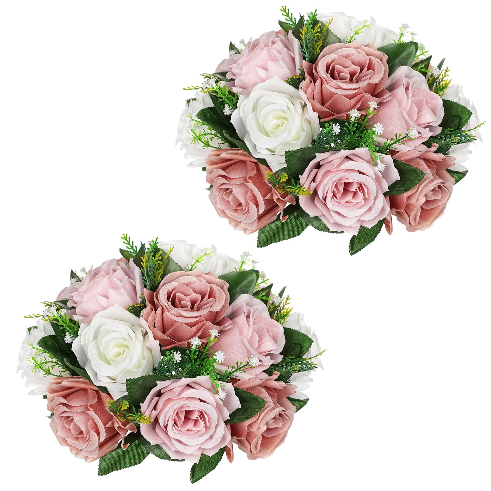 Oairse 2 Pcs Artificial Flower Ball with 15 Heads Silk Roses Flowers 22cm Pink White Fake Flower Ball Arrangement with Base Flowers Bouquets for Centrepieces for Wedding Party Valentine Decor