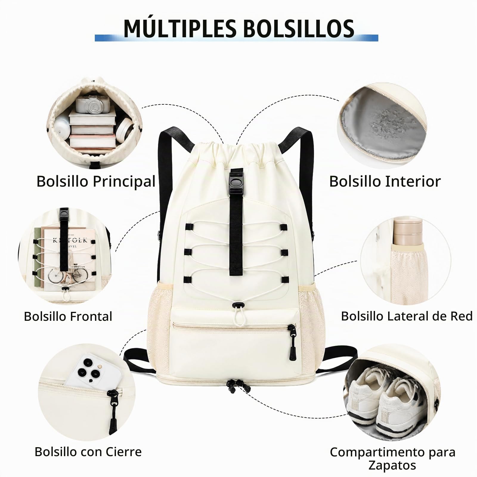 Mochilas de Cuerdas Impermeable Bolsa de Deporte, Gran Capacidad Nylon Mochila de Gimnasio con Cordón para Hombre Mujer, Gym Bag de Cincha para Escolar, Senderismo, Casual, Viaje, Playa