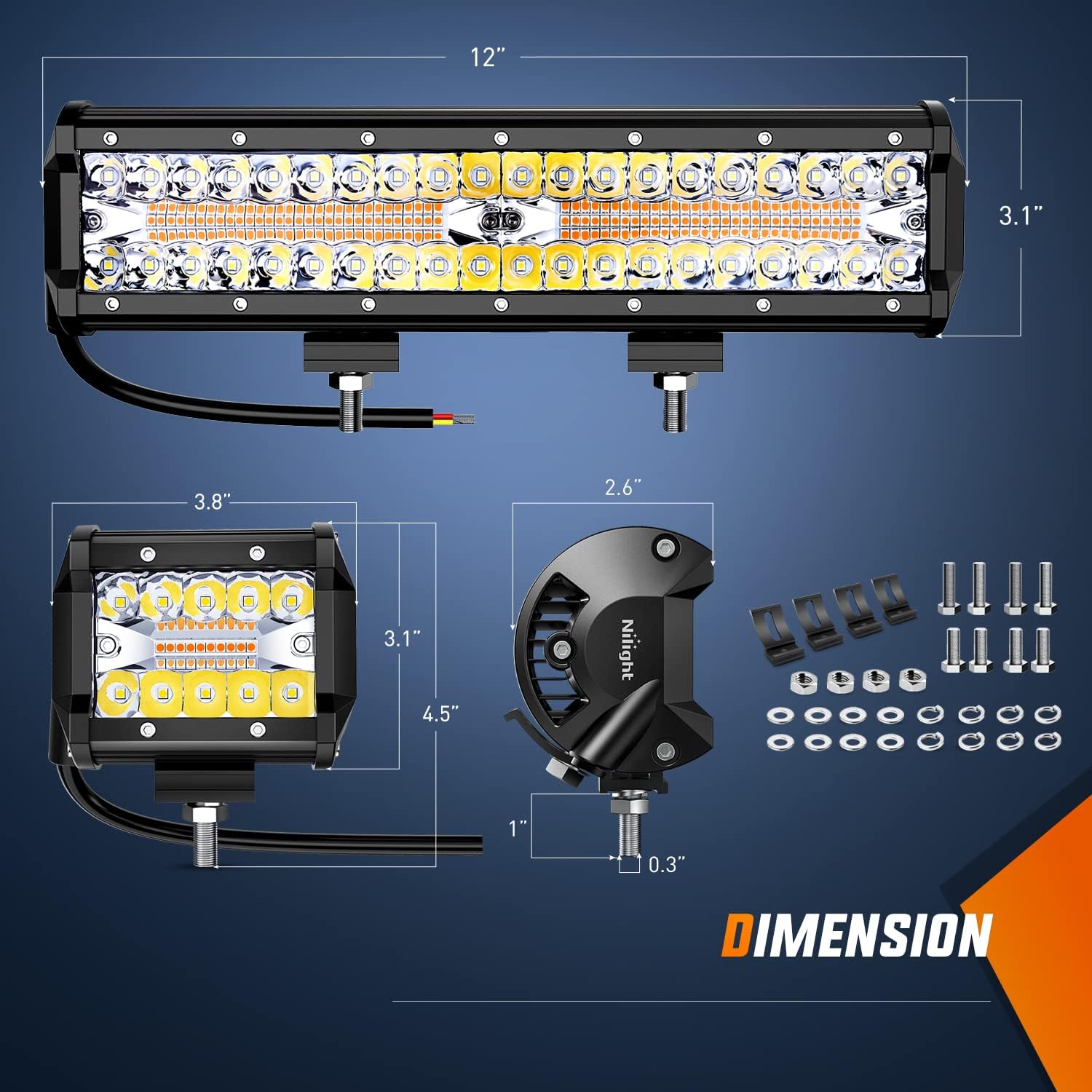 Nilight 12Inch 300W LED Light Bar 2PCS 4Inch 60W Light Pods Amber White Strobe 6 Modes Memory Function Reset Function Off Road Truck with 16AWG Wiring Harness Kit-3 Leads, 2 Years Warranty
