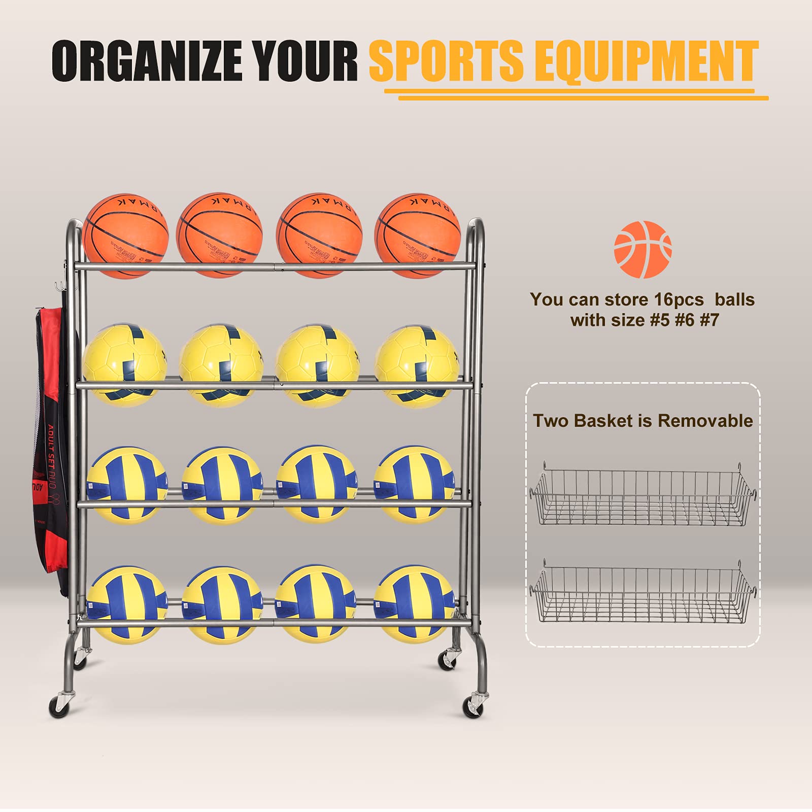 FHXZH Ball Storage Garage, Basketball Racks, Ball Holder, Rolling ...