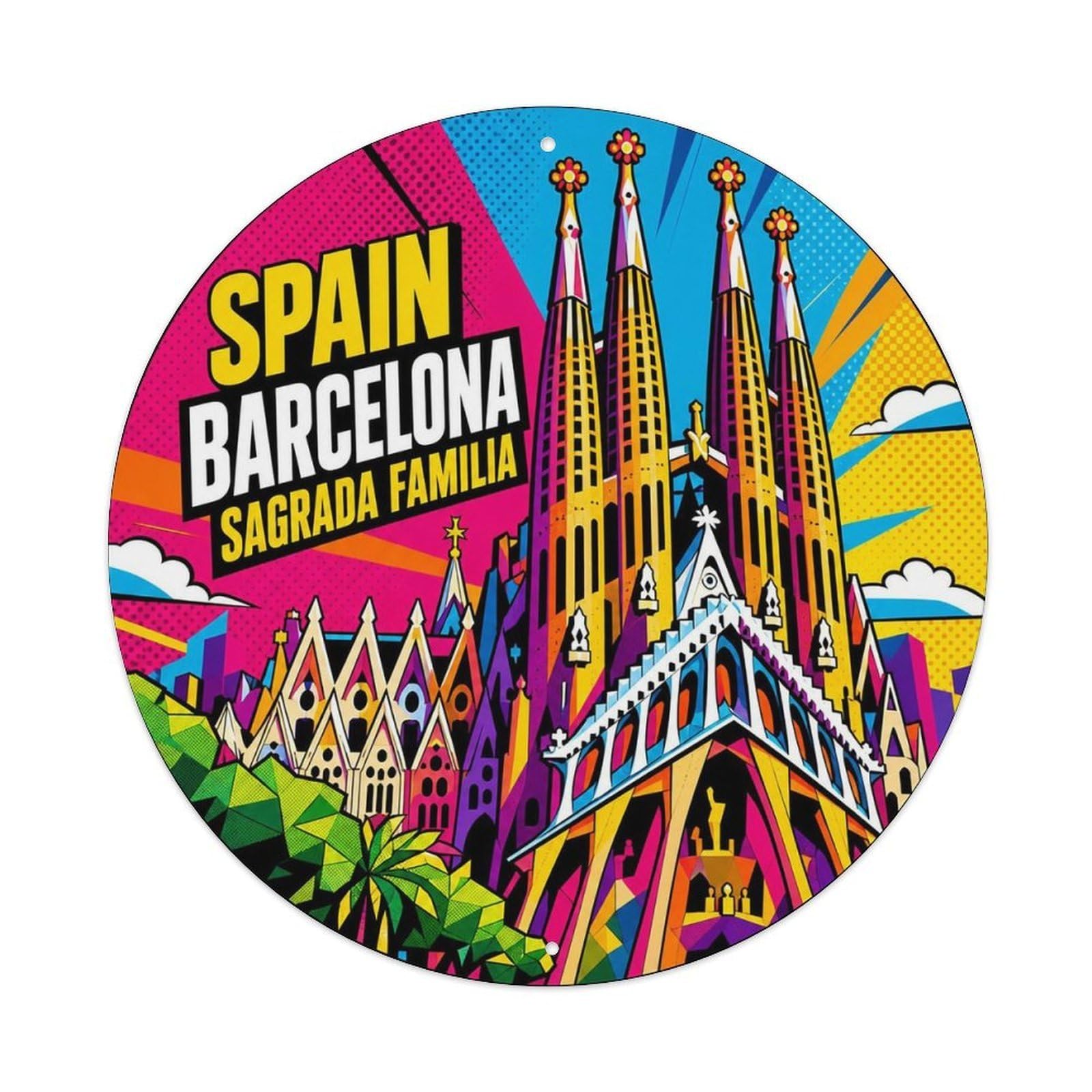 Barcelona Basilica Landmark Spanish Bold Color City Metal Tin Sign