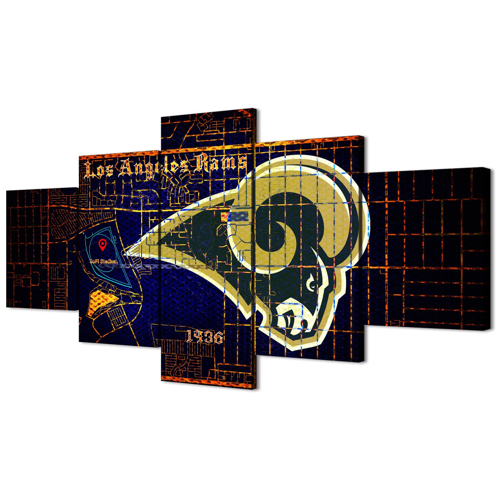 (60X100CM/5PCS) Frame Canvas Print Poster - Los Angeles SoFi Stadium Address With American football team Rams badge - Original City Map Wall Art for Home and Office Decor