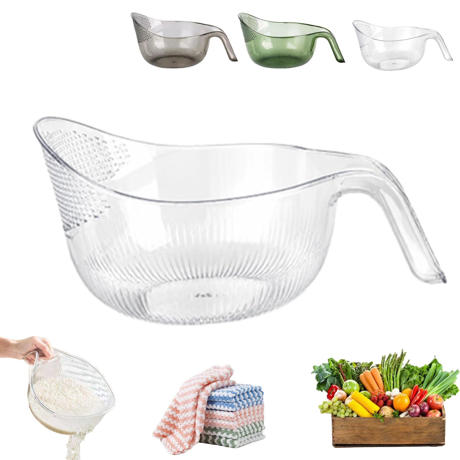 Colador de cuenco de arroz con asa, cesta de drenaje de malla fina sin BPA para lavar eficazmente arroz, verduras, frutas y pasta, herramienta de cocina versátil