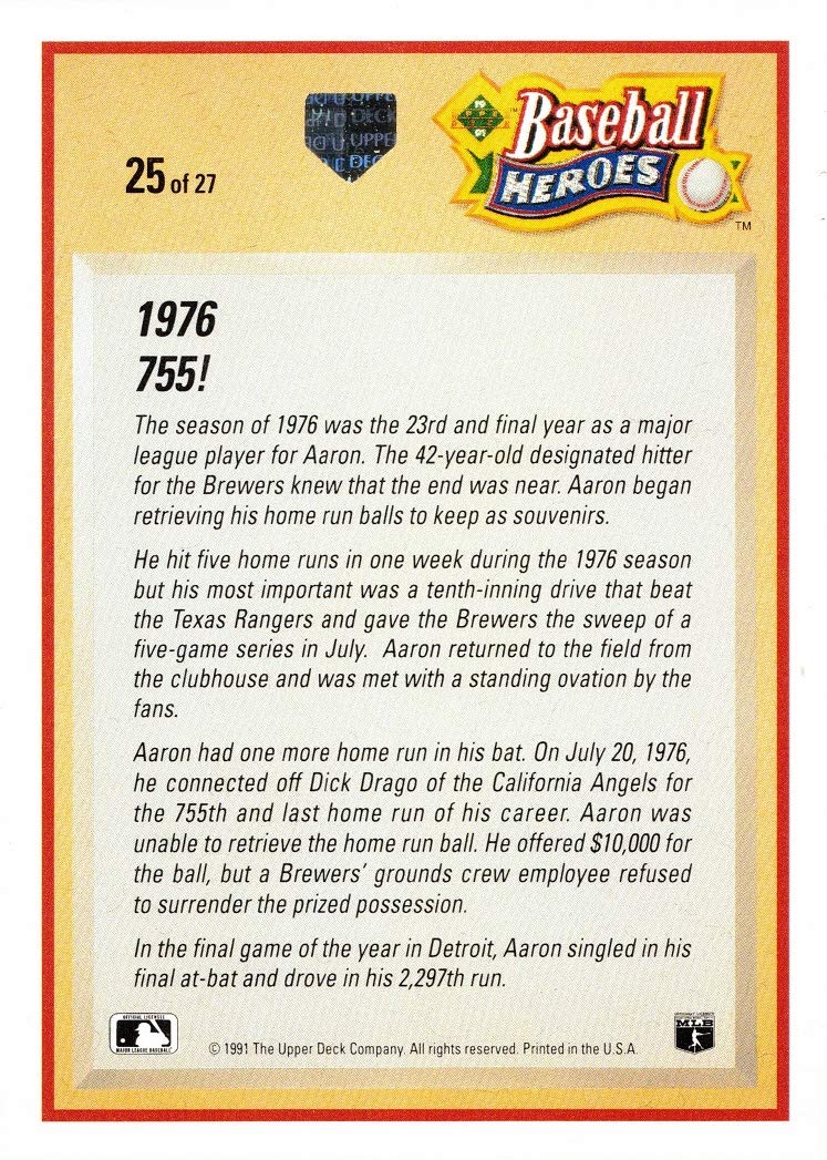 Amazon.com: 1991 Upper Deck Baseball Heroes #25 Hank Aaron Card