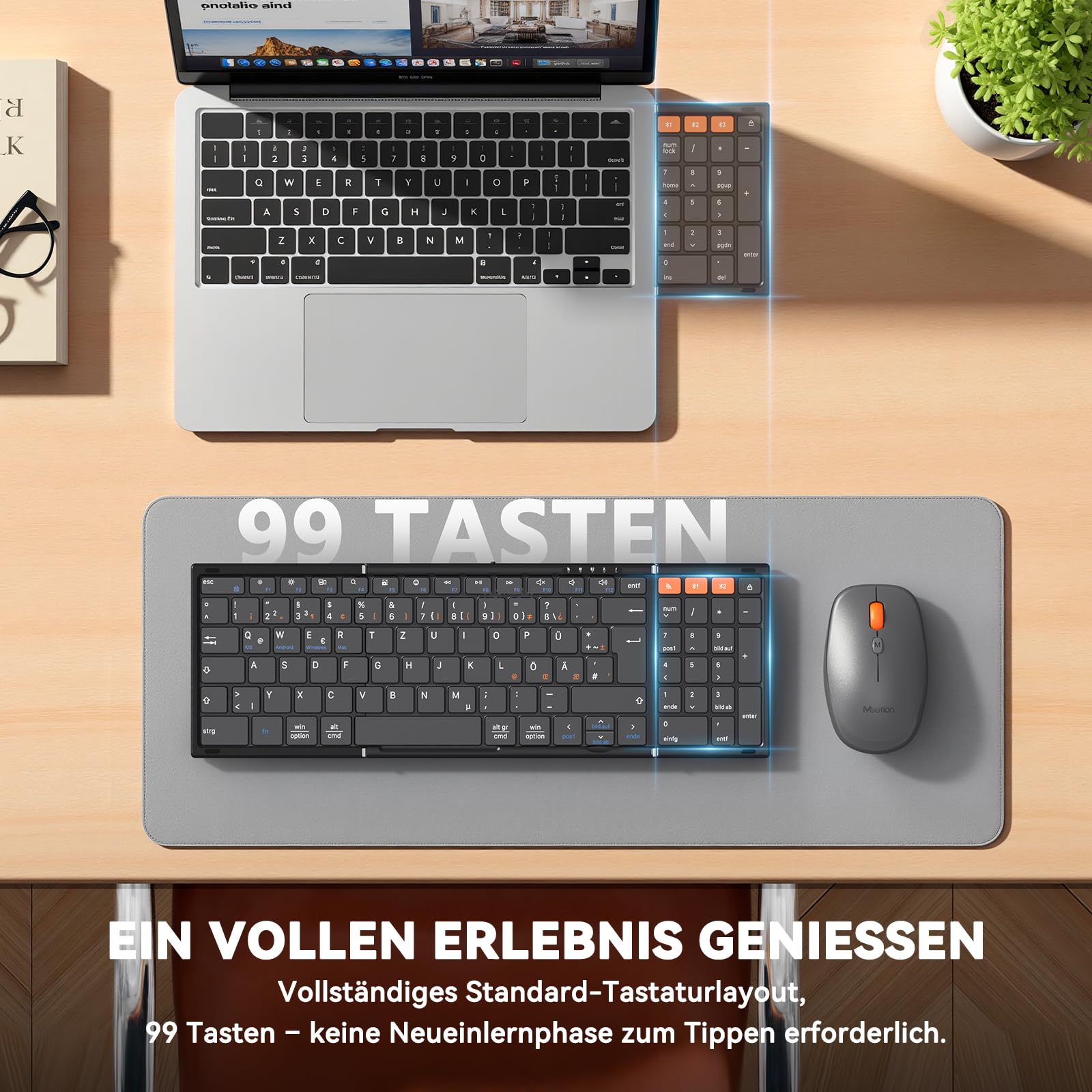 MEETION QWERTZ - Juego de teclado plegable con Bluetooth, teclado inalámbrico plegable con ratón, 2,4 GHz, diseño QWERTZ, compatible con Windows/Mac/iOS/Android/iPad, color negro