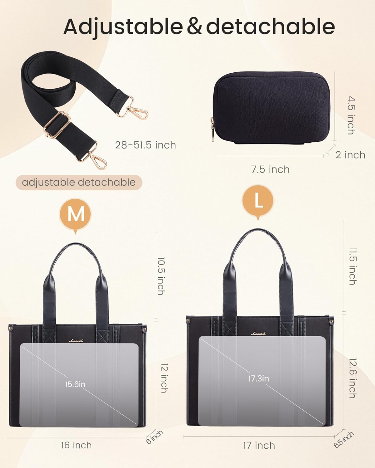 LOVEVOOK laptop bag for women 15.6 inch large Lightweight canvas work tote bags with Clutch Purse water resistant computer bags for laptops for women Business Office Travel college Casual, black - Image 5