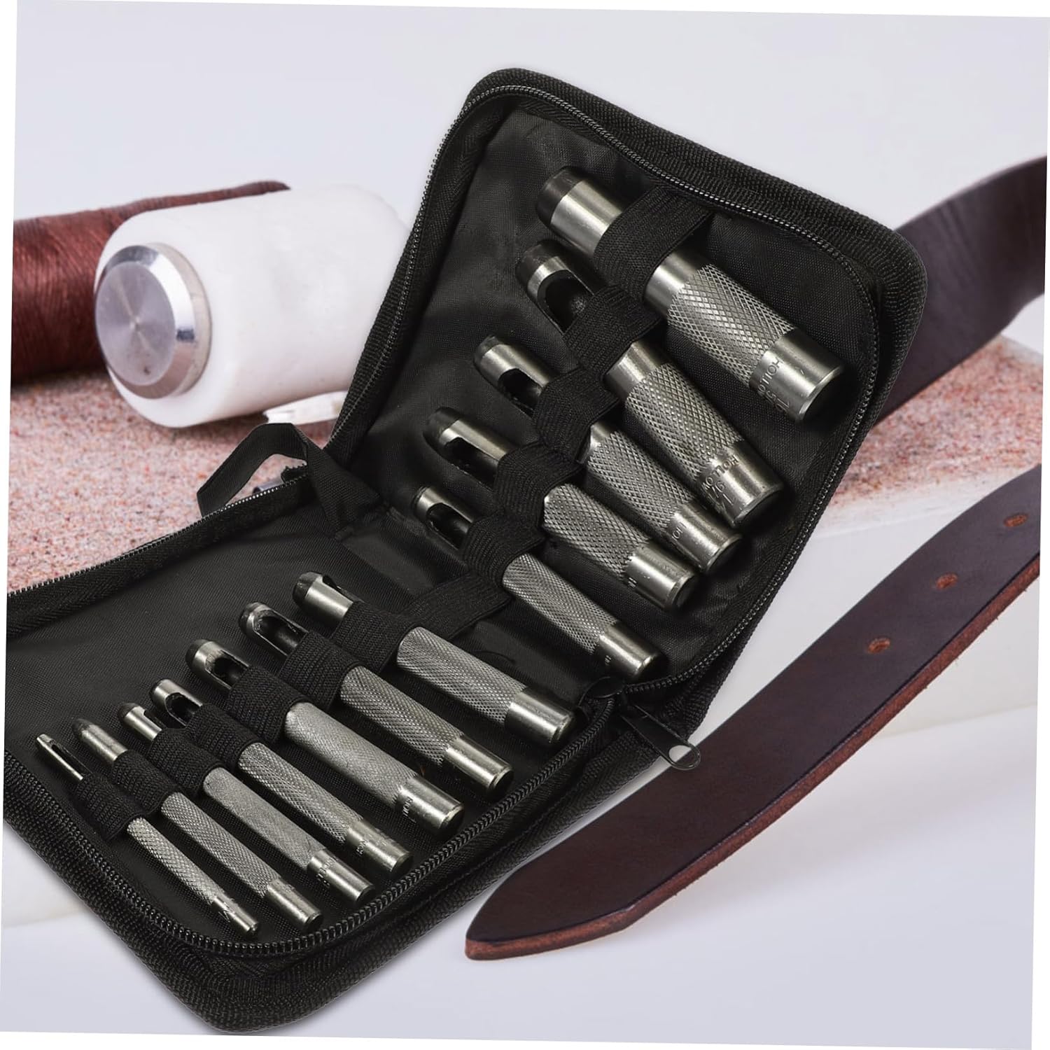 12pcs Steel Hole Cutter Punch Tool Set for Leather Belt Watch Band DIY Crafting with 3-19mm Diameter Heavy Duty Puncher for Strap Punching and Leather Carving