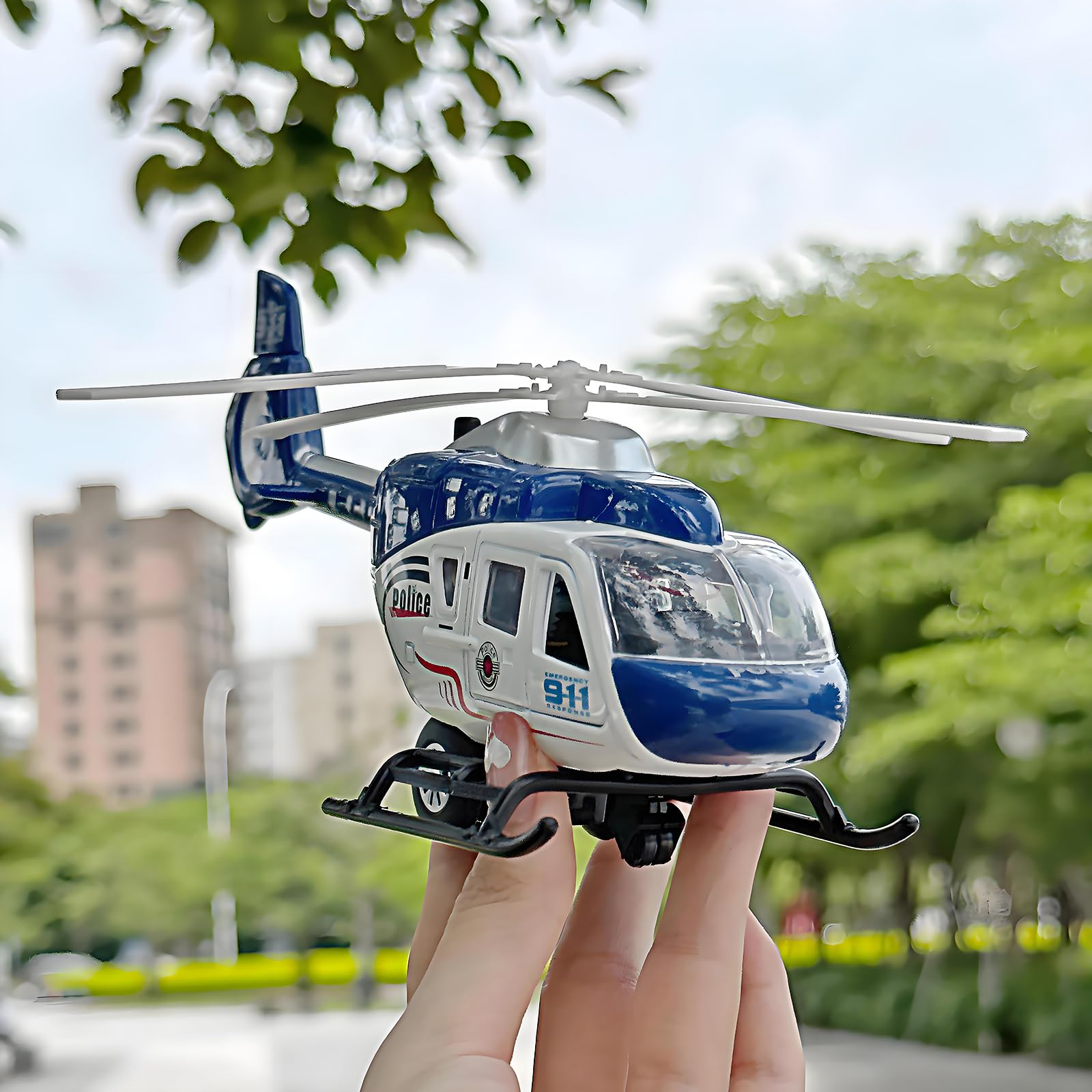 Kit de helicóptero para niños, modelo militar fundido a presión, juguete de tracción con luces y sonido, hélice giratoria, edad de 4 a 7 años (azul) 6