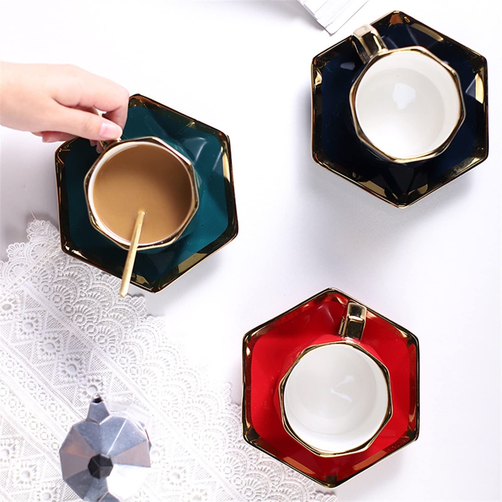 Taza de café de Viaje, Taza de café de cerámica con Lado Dorado Simple con Plato de Postre, Juego de Tazas de té de la Tarde, Taza de Desayuno, Regalos para papá y mamá (Verde)