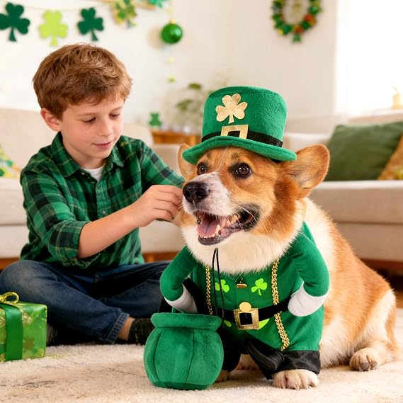 Leprechaun Dog Costume, 3 PCS St Patricks Day Puppy Outfit with Hat & Gold Pot, Irish Lucky Theme Celebration Green Holiday Clothes Dress Up for Dogs Cat Pet Small Medium Large