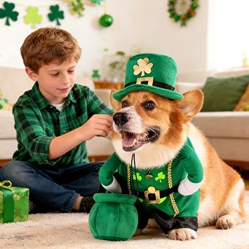 Leprechaun Dog Costume, 3 PCS St Patricks Day Puppy Outfit with Hat & Gold Pot, Irish Lucky Theme Celebration Green Holiday Clothes Dress Up for Dogs Cat Pet Small Medium Large