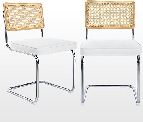 Zesthouse Sillas de comedor, 2 unidades, sillas laterales de terciopelo, sillas de ratán con respaldo de bastón y base cromada inoxidable, sillas