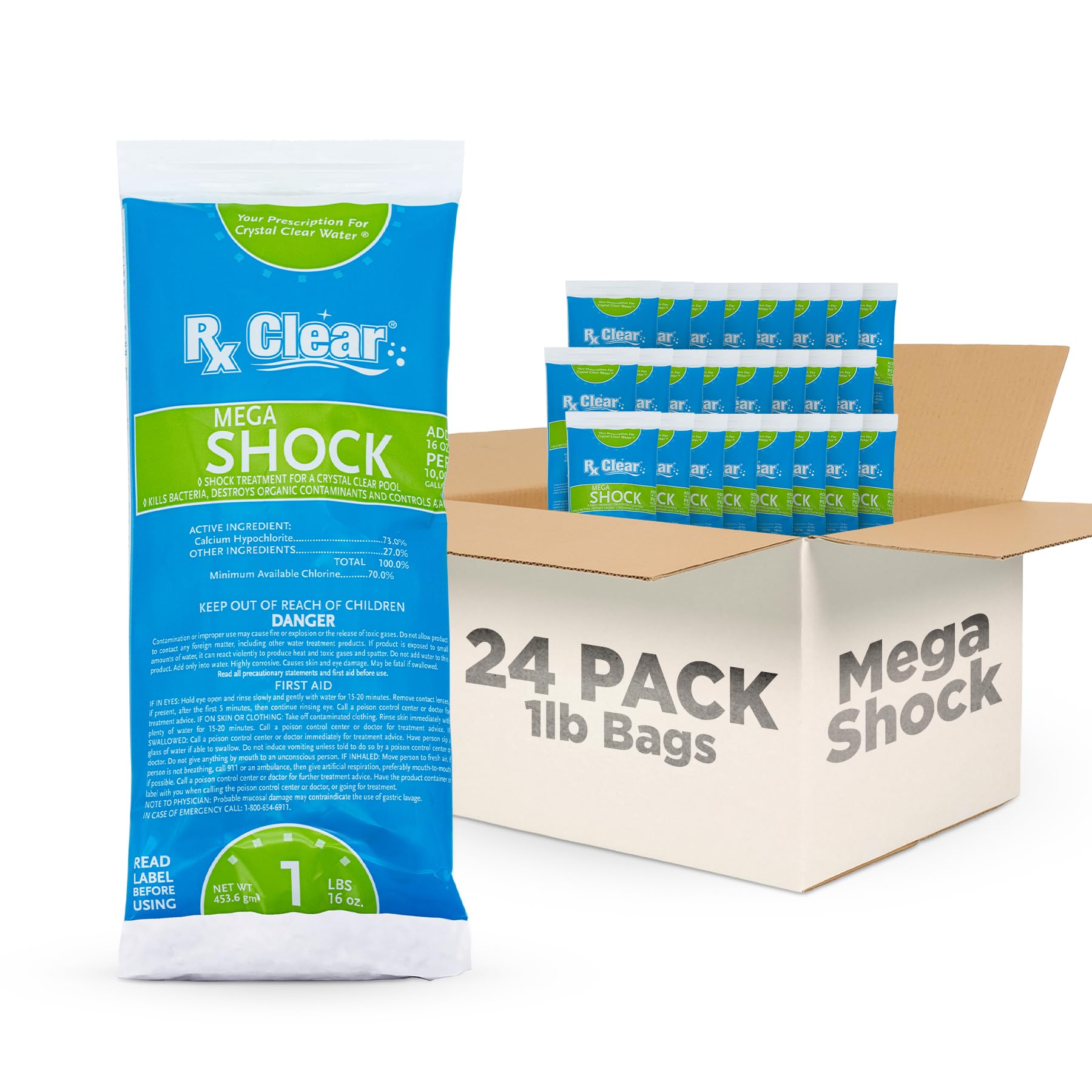 Rx Clear Mega Shock | 73% Calcium Hypochlorite | Kills Algae in Swimming Pools | Works As Pool Sanitizer Clarifier and Algicide | One Pound Bags | 24 Pack