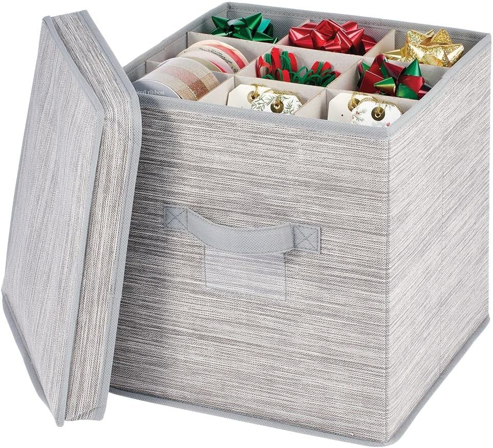 mDesign Square Gift-Wrap and Ornament Storage Box with Handles, Holder Container for Christmas and Holiday Decorations - Removable Lid, Closet and Cubby Storage Totes, 2 Pack - Stripe - Taupe/Tan