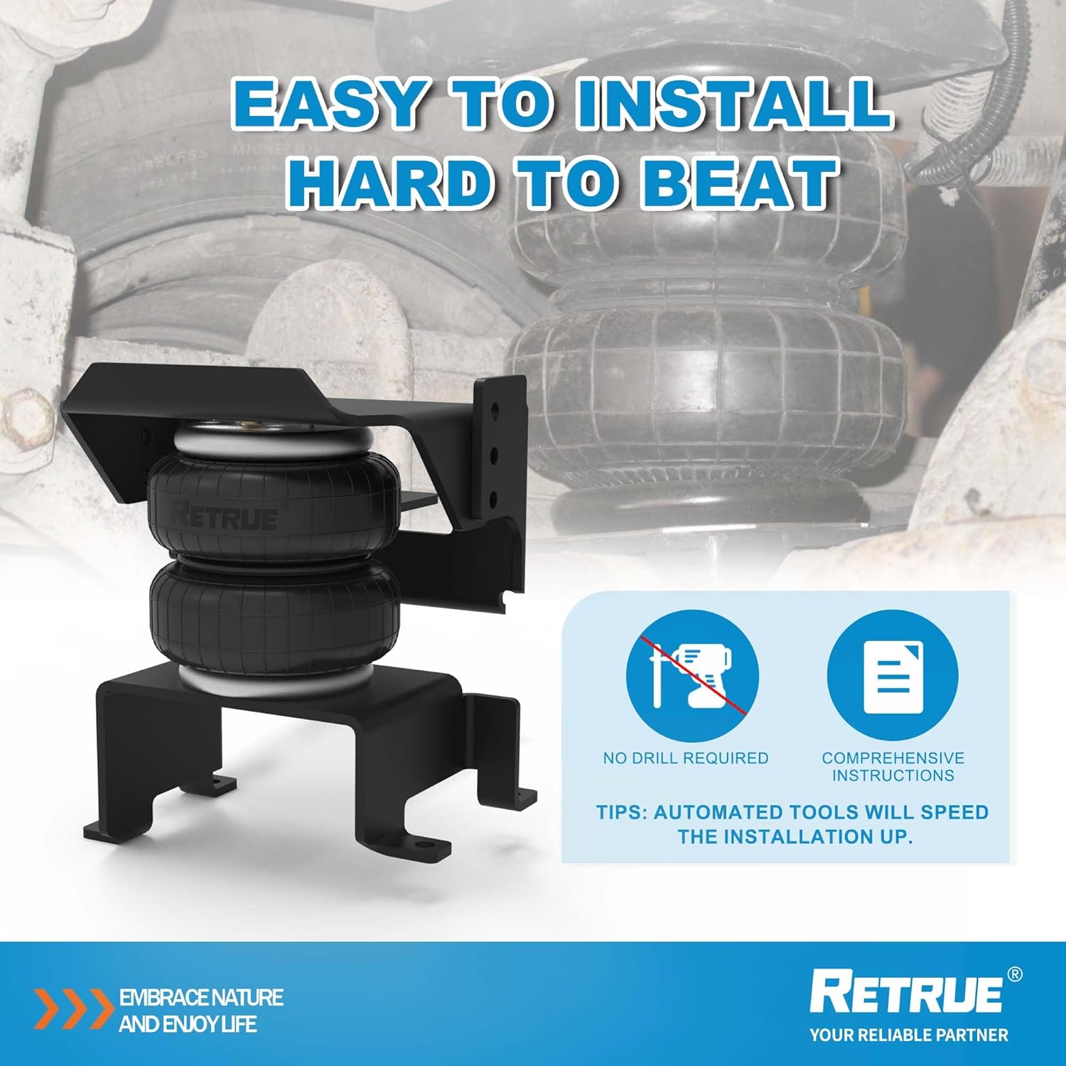 Diagram showing easy installation with no drilling required