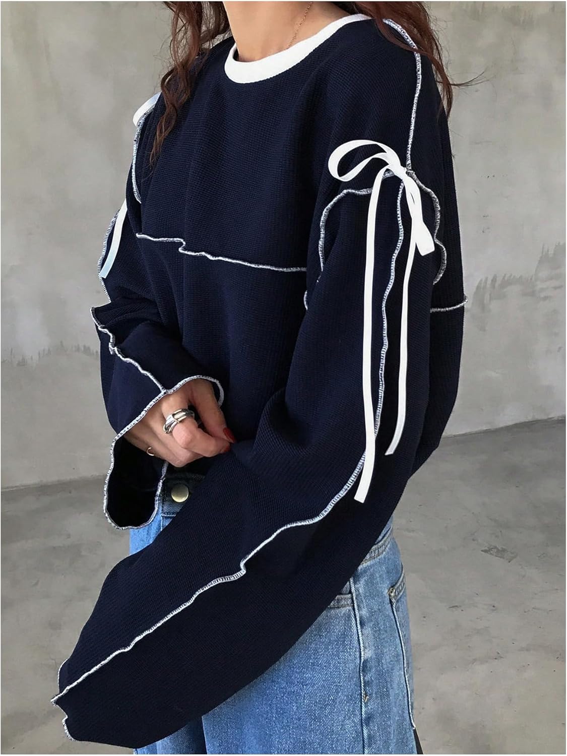 SweatyRocks Women's Oversized Bow Shirt Long Sleeve Crewneck Contrast Binding Sweatshirt - Image 2