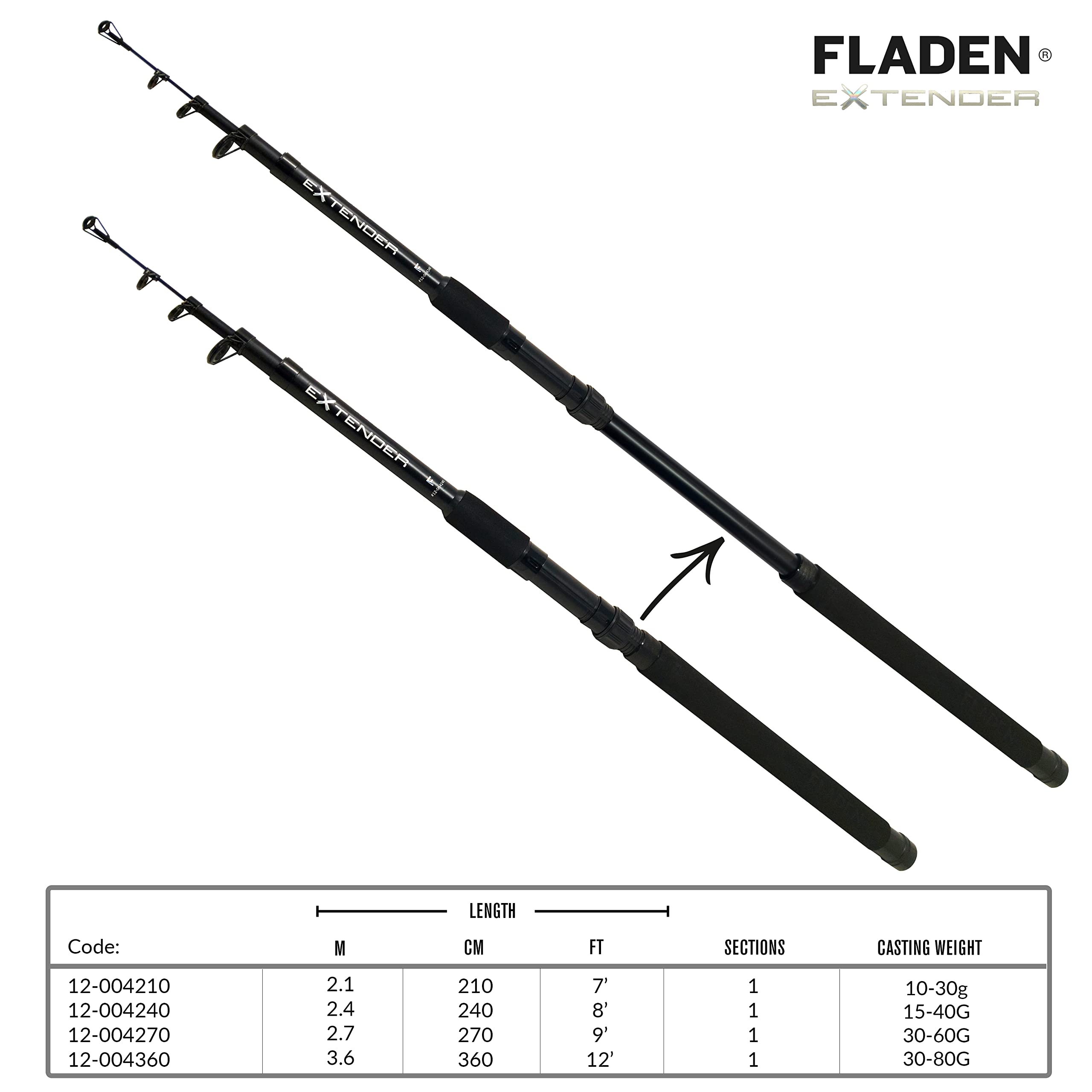 FLADEN Angeln – 2,1 m bis 3,6 m Teleskop-Spinnrute mit Verlängerungsgriff, schwarze Spinnrute, 10–30 g, bis zu 30 bis 80 g