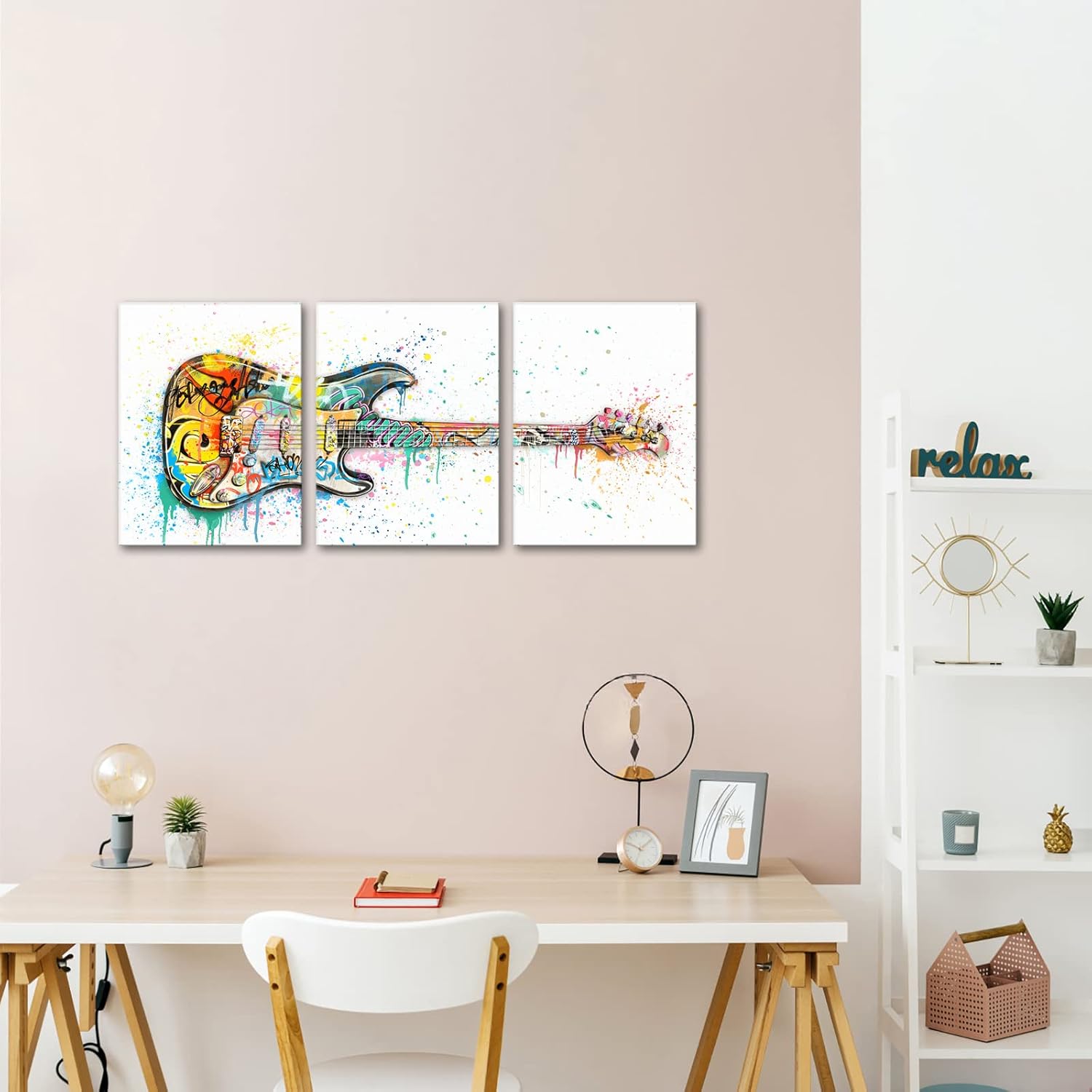 HOMEOART Music Room Decor Graffiti Wall Art Guitar Painting Music Wall Art Framed Canvas Artwork for Walls 12inchx16inchx3Piece (White, Horizontal)