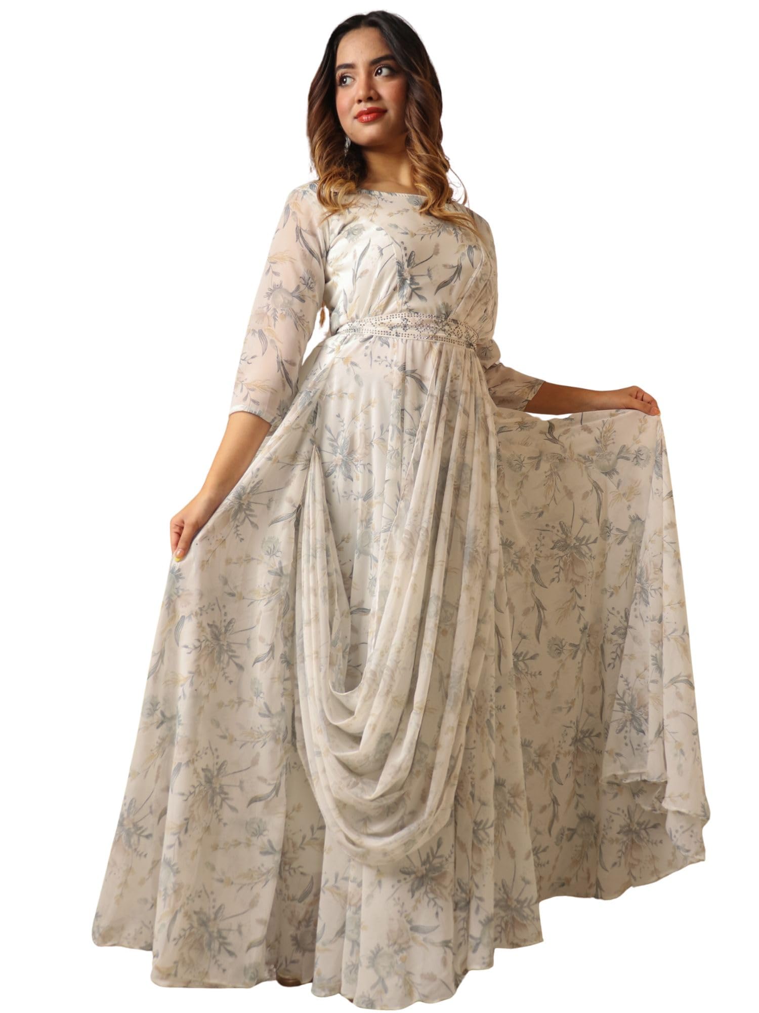 Women's Georgette Floral Print Anarkali Gown | Pre-Draped Dupatta Calf Length Gown | Ethnic Wear for Women | Round Neck 3/4 Sleeve Gown | Long Gown for Women-image-36