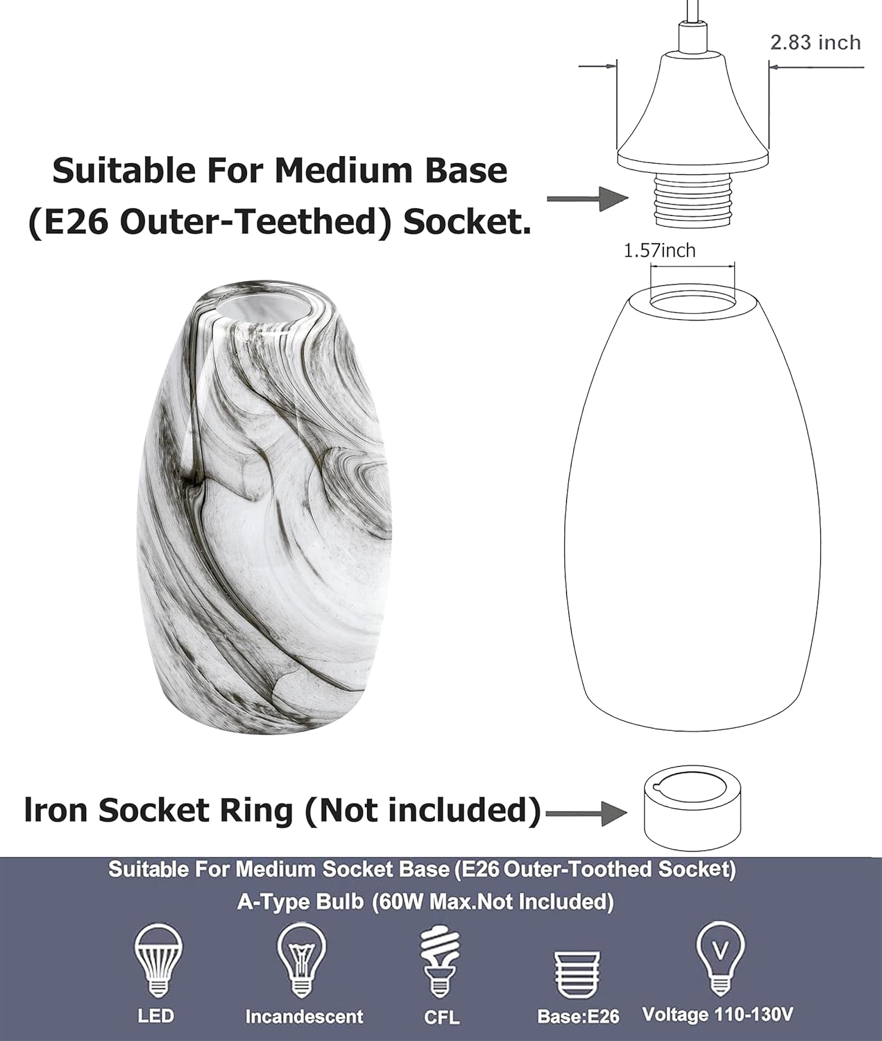 GO&SO 2 Pack Smoke-Gray Gradient Glass Pendant Light Shade,7.8"H Oval Glass Art Fixture, 1.57" Fitter, E26 Base, Hand-blown Marble Ceiling Light, Dining Room, Hallway & Track Pendant Lights