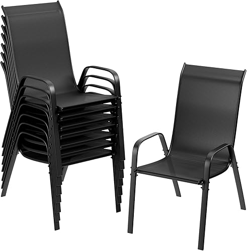 TLSUNNY Sillas de patio, muebles de comedor apilables de textileno para todo tipo de clima, con asiento de 17.7 pulgadas de ancho y marco de metal,