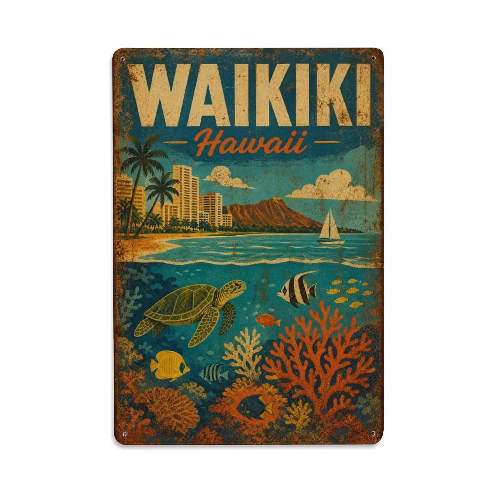 Waikiki Hawaii Coral Reef Travel Vintage Metal Tin Sign