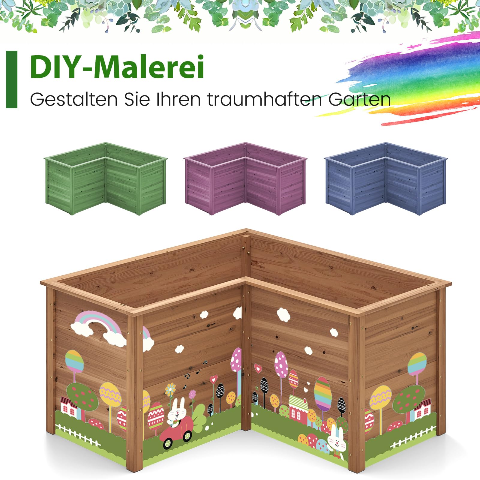 COSTWAY Erhöhtes Hochbeet Holz, Gartenbeet tief, Pflanzkasten mit offenem Boden, für Balkon Garten Terrasse, Pflanzenbeet L-förmig, Kräuterbeet Pflanzkasten, Tannenholz, 120 x 120 x 63 cm (Braun)